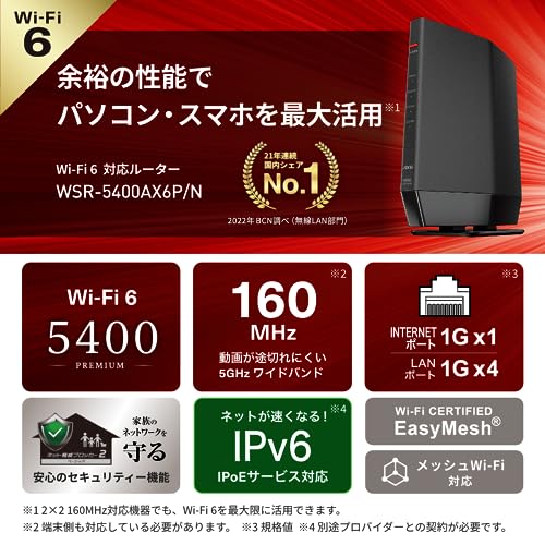 【Amazon.co.jp限定】 バッファロー WiFi ルーター無線LAN Wi-Fi 6 11ax / 11ac AX5400 4803+574Mbps 日本メーカー 【 iPhone 16 / 15 / 14 / 13 / Nintendo Switch / PS5 動作確認済み 】 エコパッケージ WSR-5400AX6P/NBKの詳細・まとめ 画像