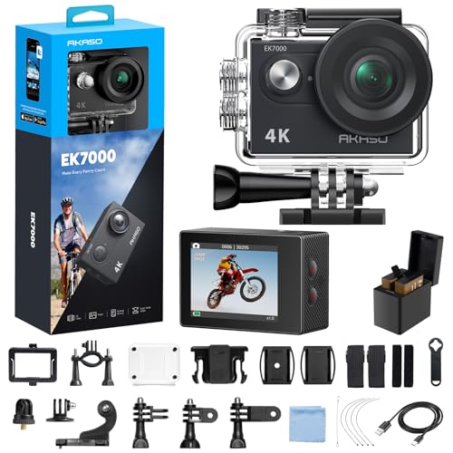 AKASO アクションカメラ EK7000 4K30FPS 20MP 水中カメラ WiFi搭載 外部マイク対応 40M防水 170度広角レンズ 1050mAhバッテリー2個付き アクションカム ウェアラブルカメラ 豊富なアクセサリー バイク/自転車に取り付け可能 1