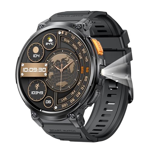 スマートウォッチ【2026究極新設計 1.85インチ超大画面 丸型 軍用規格 懐中電灯】腕時計 メンズ 老眼の人に最適 730超長持ちバッテリー iPhone アンドロイド対応 smart watch Bluetooth5.3通話 時間設定 HDパンダガラス 耐衝撃 IP68防水 スポーツウォッチ メッセージ通知 文字盤自由設定 100+運動モード GPS運動記録 歩数計 腕上げ点灯 日本語説明書の外観・全体像 画像