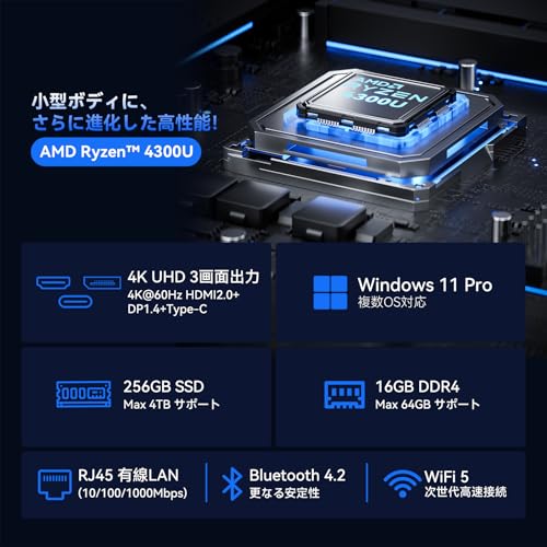 NiPoGi ミニpc Ryzen 4300U 【2026新登場・3500Uより速い】 最大3.7GHz Windows11 Pro ミニパソコン minipc 「64GB DDR4+4TB SSD拡張可能」 4K×3画面出力 フル機能Type-C USB3.2x6 HDMI2.0+DP1.4 有線LAN/WiFi/BT4.2 4C/4T 小型pc 静音 省電力 P2 16GB+256GBの特徴・詳細 画像