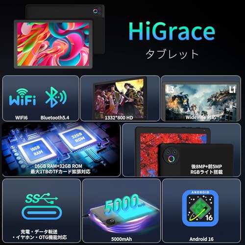 タブレット - HiGrace 10インチ Android16 Wi-Fi6モデル 1332*800 IPS画面 RGBライト搭載 16GB+32GB+1TB拡張 Bluetooth5.4 5000mAhバッテリー アンドロイド タブレット Type-C OTG 無線投影 顔認識 Widevine対応 GMS認証 日本語説明書の詳細・まとめ 画像