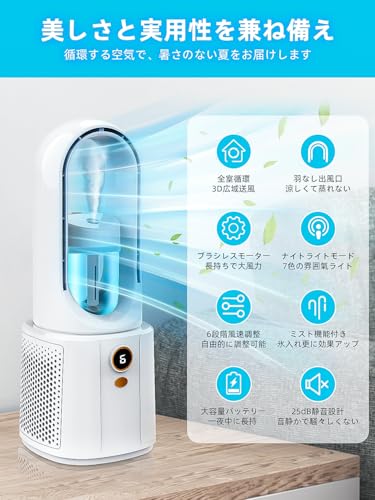 冷風機 冷風扇 ミスト扇風機【2025新登場・羽根なし・静音&噴霧】USB充電式 UV除菌 -16℃急速冷却 6段階冷風&2段階霧だし 4000mAh大容量バッテリー 8時間連続使用 7色LEDライト 4/8Hタイマー 卓上扇風機 タワーファン 大風量/小型/軽量/静音/卓上/省エネ/節電/氷いれ/LEDライト/Type-C/リビング/寝室/キッチン/オフィス適用 日本語説明書(ホワイト)の詳細・まとめ 画像