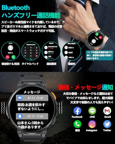 スマートウォッチ【2026究極新設計 1.85インチ超大画面 丸型 軍用規格 懐中電灯】腕時計 メンズ 老眼の人に最適 730超長持ちバッテリー iPhone アンドロイド対応 smart watch Bluetooth5.3通話 時間設定 HDパンダガラス 耐衝撃 IP68防水 スポーツウォッチ メッセージ通知 文字盤自由設定 100+運動モード GPS運動記録 歩数計 腕上げ点灯 日本語説明書の特徴・詳細 画像