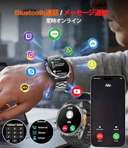 スマートウォッチ 【2026 ChatGPT搭載 内蔵GPS AI文字盤】 1.6 インチAMOLED大画面 軍用規格 耐衝撃 GPS運動模式記録 Bluetooth5.3通話 LINE/メッセージ通知 振動と着信音設定 100+運動モード スポーツウォッチ 3ATM防水 メンズ腕時計 歩数計 遠隔撮影 音楽制御 天気予報 iPhone/アンドロイド対応 (ブラック+カモフラージュバンド)の特徴・詳細 画像