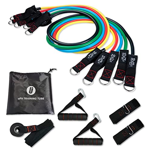 【日本国内メーカー】uFit Training Tube トレーニング チューブ 強度別5本セット 最大 45.5kg プロアスリート 水谷隼 愛用 ハンドル ドアアンカー 足首バンド 収納袋 天然ゴム 使い方動画の外観・全体像 画像