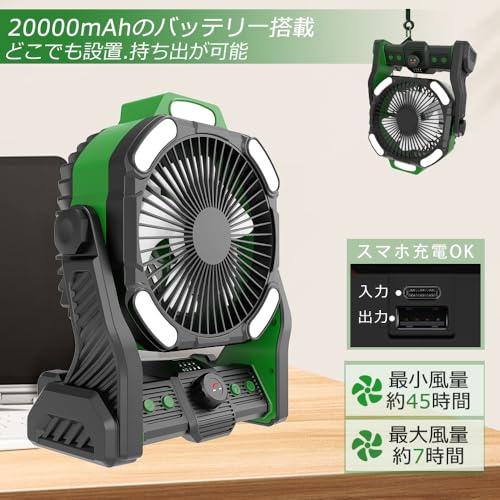 2025 高輝度LEDライト 二重反転ファン 高輝度LEDライト 屋外ファン キャンプ アウトドア扇風機 8枚羽根 小型 小型 自動首振り せんぷうき USB扇風機 強力 大風量 卓上 壁掛け 残量表示可能 20000mAh大容量バッテリー 最大45時間連続使用 風量 風量無段階段階調節 軽量 夏 季節家電の特徴・詳細 画像