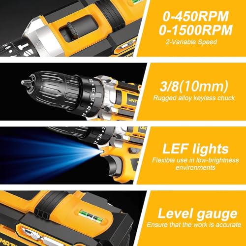 電動ドライバー 21v 電動ドリル 充電式ドリルドライバー コードレス 2000mAh大容量バッテリー2個搭載 スピード調節 正逆転切替 ネジ締め 穴あけ DIY初心者家具組み立て 締付工具 木材・金属掘削 日本語説明書付き イエローの特徴・詳細 画像