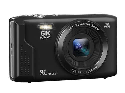 AiMike スマホに送れる デジタルカメラ 5K デジカメ WIFI転送機能 7200万画素 64GBマイクロSDカード付き 16倍デジタルズーム オートフォーカス機能 LEDライト ウェブカメラ 2.8インチ大画面 バッテリー2枚 コンパクト 子供や初心者向け 子供の日 クリスマスプレゼント ダーク・ブラック 1
