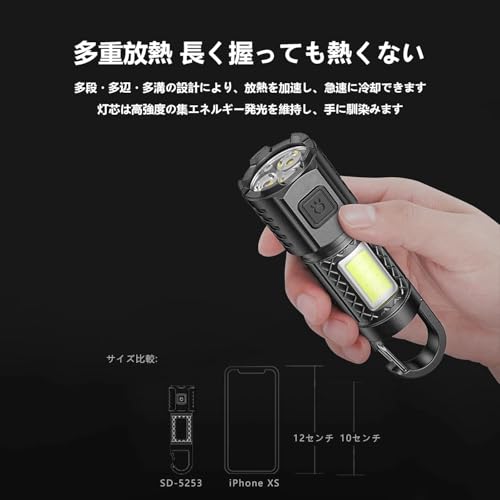 Seeshopo 懐中電灯 小型 ledライト 充電式 【2026最新の強化版 】軽量 高輝度チップ搭載 3モード調光 COBライト Type-C充電式 強力 軽量 生活防水対応 防災 防犯 警備 軍用 キャンプ 作業 地震時 緊急時 停電時 応急手当品(小型)の特徴・詳細 画像