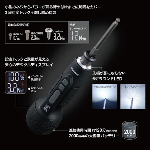 メイカーズ（MAKERZ） デジタル電動ドライバー 小型 強力 電動3段可変トルク（3.2N.m、2.0N.m、0.7N.m）＋手動最大12N.m 増し締め 設定トルクとバッテリー残量がわかるデジタルディスプレイ搭載 先端が影にならない6灯ラウンドLED SD-FA-2000Lの詳細・まとめ 画像