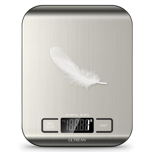 Ultrean キッチンスケール 5kg デジタル はかり 表面防水 1g単位 LCD ディスプレイ 電子 測り 計量器 料理 調理 お菓子作り 薄い 風袋引き機能（電池付属） 1