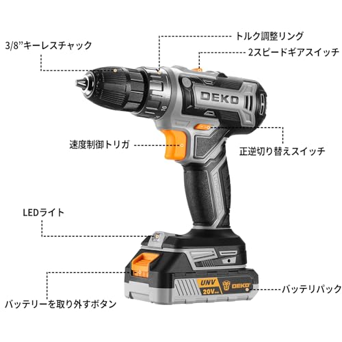 DEKO 電動ドリル 20V 充電式 ドリルドライバー コードレス 正逆転切替 18+1段階トルク 最大40N.m 1500mAh LEDライトDIY 工具セット 穴あけ 締付工具の特徴・詳細 画像