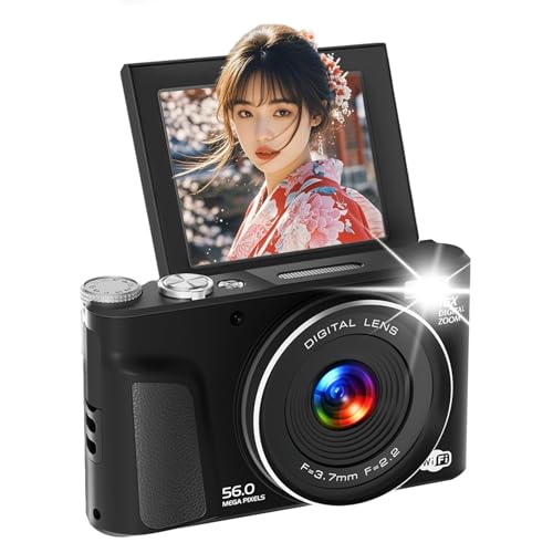 【2026新登場】デジタルカメラ スマホWIFI転送 5600万画素 デジカメ 1080P録画 16X 2.8インチ 180°回転 64G SDカード付き コンパクト 自撮り/修学旅行/Vlog/初心者/プレゼントに最適 一年保証 黒 1