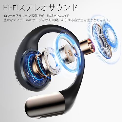 オープンイヤー イヤホン Bluetooth 6.0 ワイヤレスイヤホン 14.2mmドライバー 【2026年アップグレード版】 ENC通話ノイズキャンセリング マイク付き 耳掛け式 軽量 快適装着 40時間連続再生 USB-C急速充電 LED残量表示 防水IPX7 スポーツ ランニング ジム 通勤 通話 音楽鑑賞 ブラックの詳細・まとめ 画像