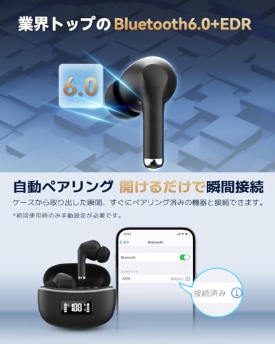 ワイヤレスイヤホン Bluetoothイヤホン 6つのシリコンマイク搭載 AIスマート ENC通話 IPX7防水 最大60時間再生 2026年最新Bluetooth6.0 EDR ブルートゥースイヤホン 全音域HI-FI音質 低遅延 接続瞬時 WEB会議/運動/ゲーム/テレワーク/通学/通勤/スポーツ/音楽用 iPhone/Android対応の詳細・まとめ 画像