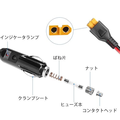 TRkin 車載シガーソケット充電ケーブル シガーソケットからXT60ポート 12V 24V車載充電器 1.5m ポータブル電源充電用ケーブル メスコネクタ 自動車部品対応の特徴・詳細 画像