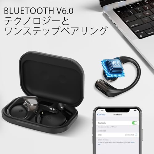 オープンイヤー イヤホン Bluetooth 6.0 ワイヤレスイヤホン 14.2mmドライバー 【2026年アップグレード版】 ENC通話ノイズキャンセリング マイク付き 耳掛け式 軽量 快適装着 40時間連続再生 USB-C急速充電 LED残量表示 防水IPX7 スポーツ ランニング ジム 通勤 通話 音楽鑑賞 ブラックの特徴・詳細 画像
