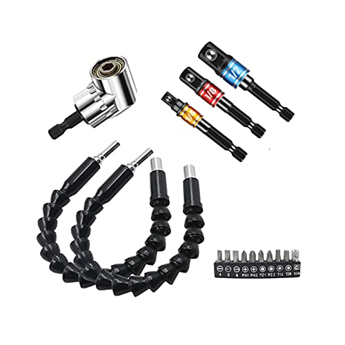 YFFSFDC フレキシブルシャフト 電動 六角ドライバードリル 接続 工具 ツール ネジ締め 穴あけ ソケットアダプター 直角工具 105度 DIY ビット 16点セット 電動 ハードウェアツールドリルアクセサリ 1