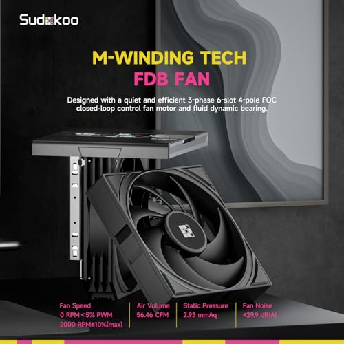 Sudokoo SK620V AM5 空冷クーラー:AM5専用 6ヒートパイプ デュアルタワーCPUクーラー(デジタル表示付き) - ブラックPCクーラー 120mm FDB PWM静音ファン&クイックロックマウントの特徴・詳細 画像