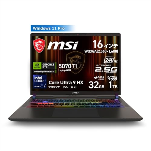 MSI ゲーミングノートPC Vector 16 HXAI 【最新Core Ultra9 HX & RTX5070Ti搭載・ウルトラハイスペック】 メモリ 32GB SSD 1TB 16インチ WQXGA 240Hz Core Ultra 9 プロセッサー275HX RTX 5070Ti Windows11 Pro 日本語キーボード Vector-16-HX-AI-A2XWHG-0853JPの外観・全体像 画像