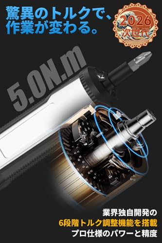 電動ドライバー 充電式 小型 強力 トルク6段階調整【プロ仕様のパワーと精度】正逆転切り替え 電動5N.m 手動15N.m 45本ビット付属 収納ケース付き 高輝度LEDライト USB-C充電式 軽量 操作簡単 合金製 ビット 家庭用 DIY用 女性/初心者でも簡単使用 日本語取扱説明書付きの詳細・まとめ 画像