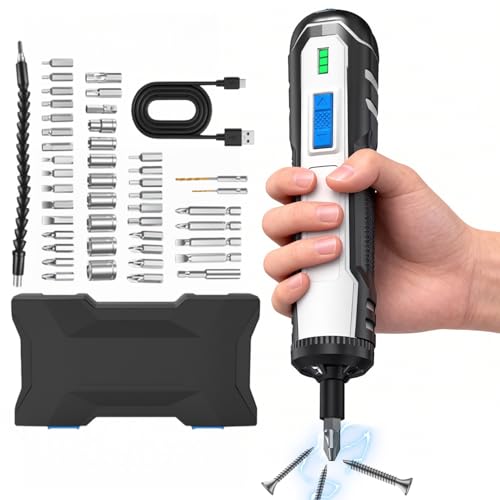 電動ドライバー 充電式 小型 強力 トルク6段階調整【プロ仕様のパワーと精度】正逆転切り替え 電動5N.m 手動15N.m 45本ビット付属 収納ケース付き 高輝度LEDライト USB-C充電式 軽量 操作簡単 合金製 ビット 家庭用 DIY用 女性/初心者でも簡単使用 日本語取扱説明書付きの外観・全体像 画像
