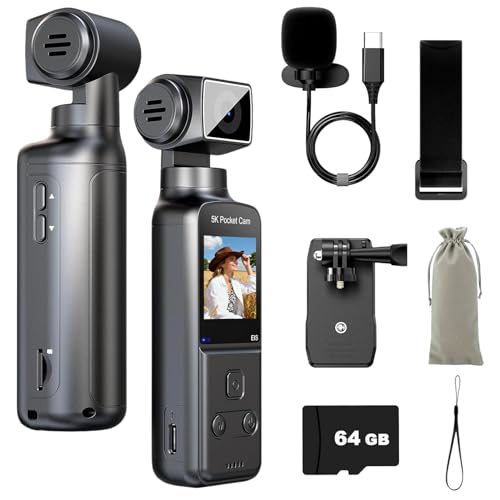 ZAIDER vlogカメラ スマホ対応 アクションカメラ 小型 【最進化5K長時間録画＆270度回転】 ビデオカメラ 手ブレ補正 軽量 ボディカメラ クリップ式 ジンバルカメラ Wi-Fi 1.3インチ COMS 1000mAh 120分連続録画 マイク＆64GBカード付 Vlog用動画撮影/アウトドア/バイク/ドライブレコーダー/webカメラー 1