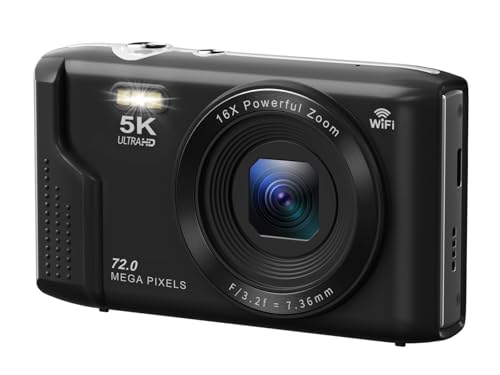 AiMike スマホに送れる デジタルカメラ 5K デジカメ WIFI転送機能 7200万画素 64GBマイクロSDカード付き 16倍デジタルズーム オートフォーカス機能 LEDライト ウェブカメラ 2.8インチ大画面 バッテリー2枚 コンパクト 子供や初心者向け 子供の日 クリスマスプレゼント スミクロ 1