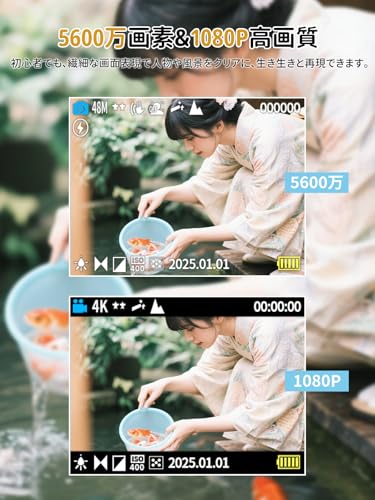 【2026新登場】デジタルカメラ スマホWIFI転送 5600万画素 デジカメ 1080P録画 16X 2.8インチ 180°回転 64G SDカード付き コンパクト 自撮り/修学旅行/Vlog/初心者/プレゼントに最適 一年保証 黒の特徴・詳細 画像