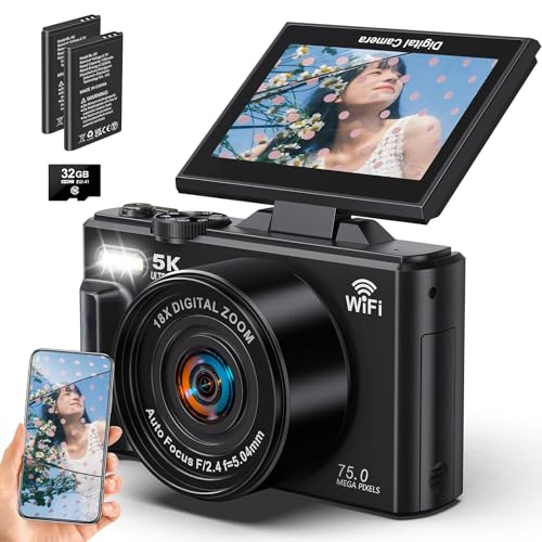 Beho デジカメ 7500万画素 5K録画 デジタルカメラ スマホに送れる Wi-Fi機能 180度回転可能ディスプレイ 3.0インチ大画面 18倍デジタルズーム オートフォーカス 連続撮影 自撮り 32GBマイクロSDカード付き 学生 初心者 修学旅行 Vlog 小型 コンパクト 軽量 携帯便利 ポケット カメラ 1