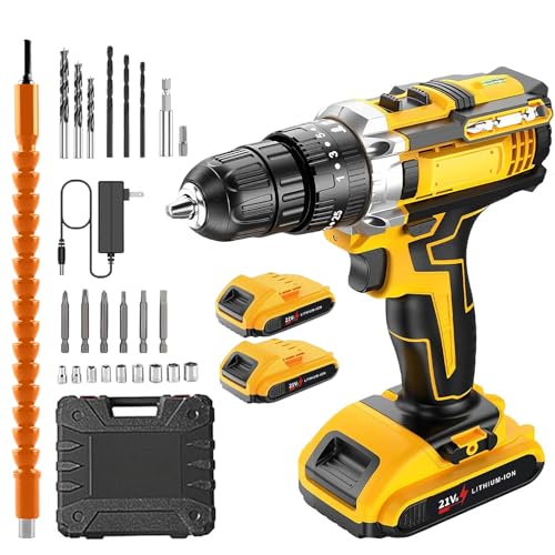 【2026新登場・精密な作り】電動ドライバー 電動ドリル インパクトドライバー 21V 最大45N.m 25+3段階トルク調節 21点ビットセット 無断変速 二段変速 LEDライト付き 延長アダプター 充電式コードレス 正逆転切替 小型 軽量 DIY家具組み立て 穴あけ ネジ締め 初心者 電動工具セットバッテリー2個付き 收纳ケース 日本語取扱説明書 イエローの外観・全体像 画像