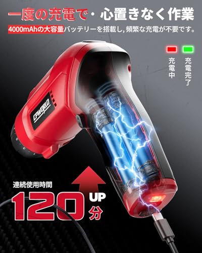 電動ドライバー 強力 電動 7.1N.m 手動 20N.m 22段階トルク調整機能付き 4000mAh 大容量バッテリー搭載 2段階変速電動ドリル【新登場・超軽省力】ドリルドライバー 2WAY変形タイプ 電動ドライバーセット S2鋼製・18 点セット＋延長棒付属 USB-C充電式 初心者でも簡単操作 父の日・誕生日プレゼントに最適 LSD007 レッドの特徴・詳細 画像