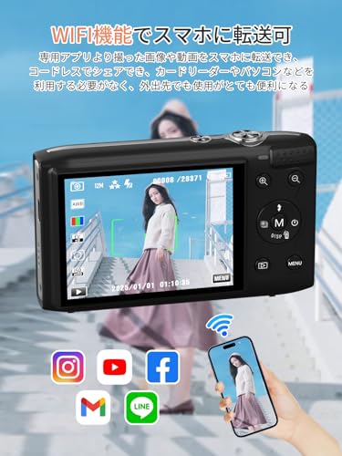 AiMike スマホに送れる デジタルカメラ 5K デジカメ WIFI転送機能 7200万画素 64GBマイクロSDカード付き 16倍デジタルズーム オートフォーカス機能 LEDライト ウェブカメラ 2.8インチ大画面 バッテリー2枚 コンパクト 子供や初心者向け 子供の日 クリスマスプレゼント ダーク・ブラックの詳細・まとめ 画像