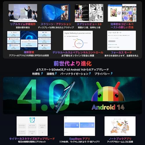 Blackview Tab90WiFi タブレット 11インチ Wi-Fiモデル ブルー Android14搭載 12GB(RAM)+128GB(2TB拡張可能) 8コアCPU Widevine L1対応 8200mAh 10W急速充電 デュアルスピーカー GPS機能搭載 動画視聴・教育向けの特徴・詳細 画像