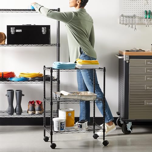 Amazonベーシック 3段スチールラック 棚 メタルラック キッチンラック キャスター付き 耐荷重68kg 幅58.9×奥行34×高さ83cm ブラックの詳細・まとめ 画像