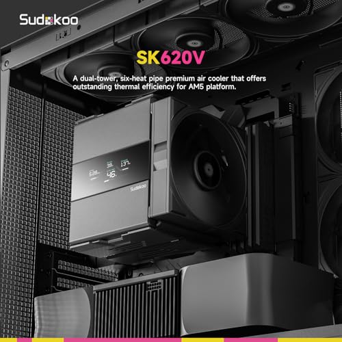 Sudokoo SK620V AM5 空冷クーラー:AM5専用 6ヒートパイプ デュアルタワーCPUクーラー(デジタル表示付き) - ブラックPCクーラー 120mm FDB PWM静音ファン&クイックロックマウントの詳細・まとめ 画像