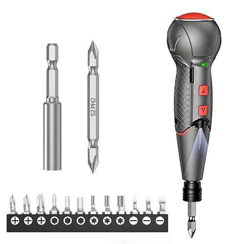 電動ドライバー 小型【2026年強化版・初心者・DIY向け】 充電式ドライバー 軽量 手持ち 手動兼用 正逆転切り替え 高輝度LEDライト Type-C USB充電式 合金製 ビット 14本付 人間工学設計 滑り止め 携帯 操作簡単 家庭用/女性向け日本語説明書付 (グレー)の外観・全体像 画像