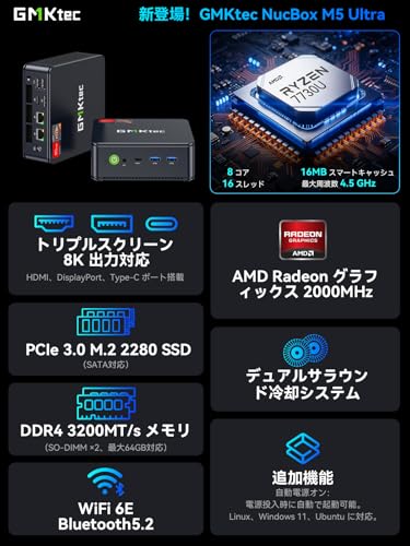 GMKtec ミニPC Ryzen 7 7730U搭載【64GB DDR4・16TB M.2 SSD（拡張可能）】 8コア16スレッド MAX4.5GHz Win11 pro ミニPC 2.5G有線LANポート8K 3画面出力可能 USB3.2×2 HDMI2.0/DP1.4/Type-C Wi-Fi6E BT5.2小型ゲーミングPC M5 Ultra 32GB+1TBの詳細・まとめ 画像