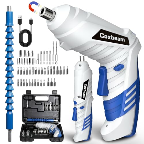 電動ドライバー 充電式 コードレス 小型 電動ドリル 軽量 強力 正逆転切替 2WAY変形可能 45点ビットセット手動最大トルク20N.m 延長棒 延長棒付き USB充電 強磁気 家具組立 DIY用 初心者向け 収納ケース 日本語説明書付き（ブルー） 1