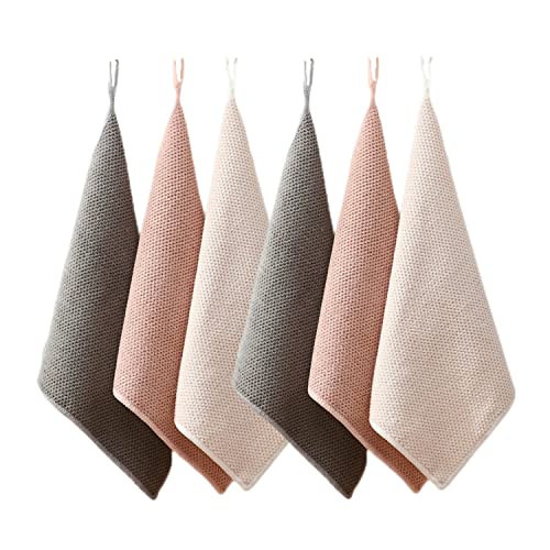 キッチンタオル キッチンクロス ふきん 手拭きタオル 布巾 台拭き ディッシュクロス ループ付き 速乾キッチン 食器拭き 30*30cm 6枚セット 吸水性 台所 手ふきん タオル 速乾 防臭 北欧 おしゃれ 衛生 抗菌 おしゃれ マイクロファイバー 毛羽立たない(グレー2枚 ベージュ2枚 ピンク2枚) 1