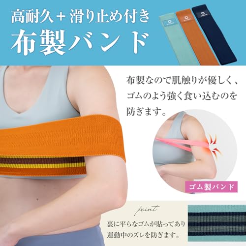 プリマソーレ エクササイズバンド フィットネスバンド トレーニングバンド ゴムバンド 布製 ヒップ 美尻 滑り止め 宅トレ バンド 3本セット マニュアル付 収納袋付の特徴・詳細 画像