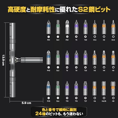 GOKEI ラチェットドライバーセット 24in1 磁気ドライバーセット S2鋼製 差替式 マグネット式ビット 磁力交換ビット マイナスドライバー プラスドライバー 六角 六星ドライバー PC 家庭用 自転車修理用 工具セット 工具キットの特徴・詳細 画像