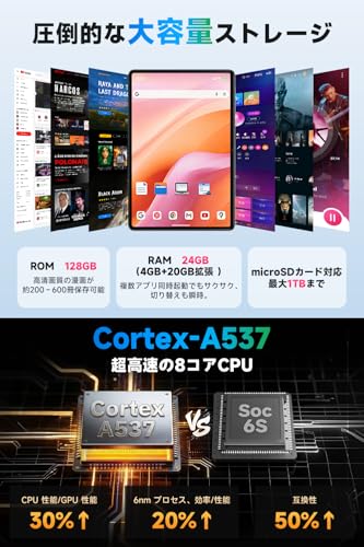 タブレット Android16 10インチ wi-fiモデル 8コアCPU 24GB RAM+128GB ROM+1TB拡張 アンドロイド たぶれっと 軽量 高刷新率 tablet 大画面 7000mAh大容量バッテリー Type-C充電 WidevineL1 BT5.2/顔認証/2.4G&5GWi-Fi/分割画面/無線投影/学習・ビジネス・子供対応 日本語説明書 (メモリー128ギガ)の特徴・詳細 画像