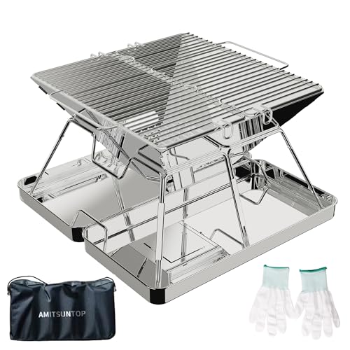 AMITSUNTOP 焚き火台 バーベキュー コンロ 屋外での焚き火 コンパクトな折りたたみ収納ステンレス鋼 収納袋付き グリルデザインの改良により 安定性と利便性が向上 1