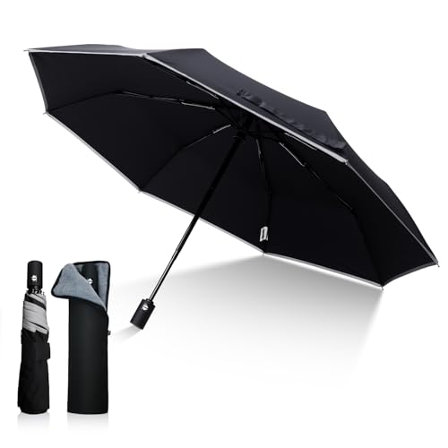 折り畳み傘 自動開閉 折りたたみ傘 携帯しやすい 超吸水傘カバー付き 一鍵自動開閉 反射テープ付き 強風耐久性 男女兼用 ブラック BLACKの外観・全体像 画像