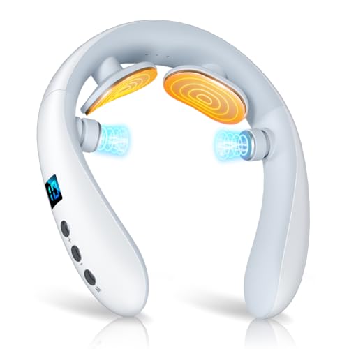 【新登場】 ネックケア 首 リラクゼーション器 EMS & TENSのW効果・加温・振動機能 首元ケア 首元リフレッシュ TYPE-C充電式 静音 軽量 小型 10種類モード 16段階強度調整 自動オフ機能 液晶ディスプレイ 簡単操作 記念日 誕生日プレゼント 男女兼用 日本語説明書付 (ホワイトｘグレー) 1