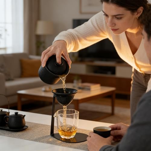 セラミックティーストレーナー、14x16.5cm 陶器製茶漉し、スタンド付き茶こしコーヒーフィルター、セラミック 茶こし、茶 こし セ ラミック、高精度で再利用可能 玄人、大人、飲料愛好家、カフェ、バー、家庭、ホテル、レストラン向けの特徴・詳細 画像