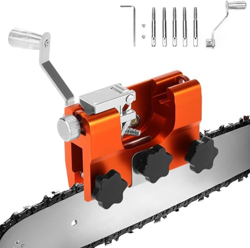 [Joejoier]【日本「工具の町」三木市、百年職人の技】ハンドクランク式チェーンシャープナー チェーンソー 目立て機 チェーンソー目立て道具 高炭素鋼砥石+角度調整不要 手動式ポータブル研ぎ工具 電気/ガソリン式対応 林業・DIY用 軽量コンパクト設計 現場メンテナンス工具 (オレンジL(6.4*9CM)＋研磨棒5本) 1