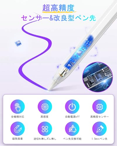 タッチペン 【2026全機種対応 急速充電 】タブレット ペン スタイラスペン スマホ iphone ペン 12g超軽量 Type-C急速充電 バッテリー残量表示 自動電源OFF 3つ交換用ペン先 磁気吸着機能 軽量 耐久 スマホ/タブレット/i Phone/android用ペンシル（ホワイト）の詳細・まとめ 画像
