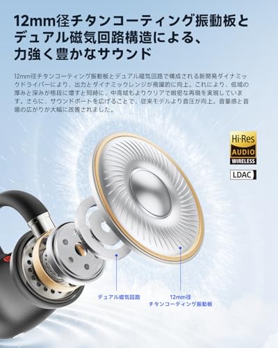 EarFun Clip 2 イヤーカフ イヤホン Bluetooth 6.0/ LDACに対応/Hi-Res認証取得/ 12mm径チタンコーティング振動板/ デュアル磁気回路構造/ 3Dオーディオ/ 4 MICクリアな通話/ 最大40時間再生/ ワイヤレス充電/物理ボタン/マルチポイント接続/ IP55防塵防水/ 専用アプリ/オープンイヤー イヤホン【PSE認証済み】(ブラック)の特徴・詳細 画像